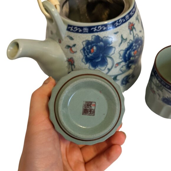 Vintage Ceramic Tea Set 2 Cups 1 Teapot Chinese Blue Floral Summer Kitchen - Picture 3 of 11